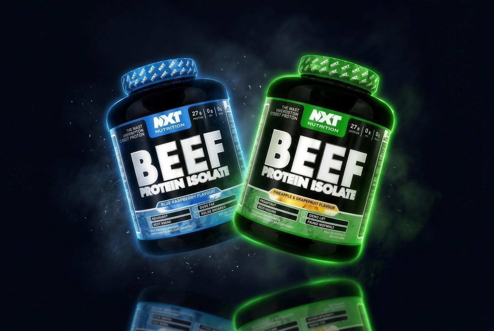 NXT Beef Protein Isolate – botes blau i verd, proteïna de vedella premium