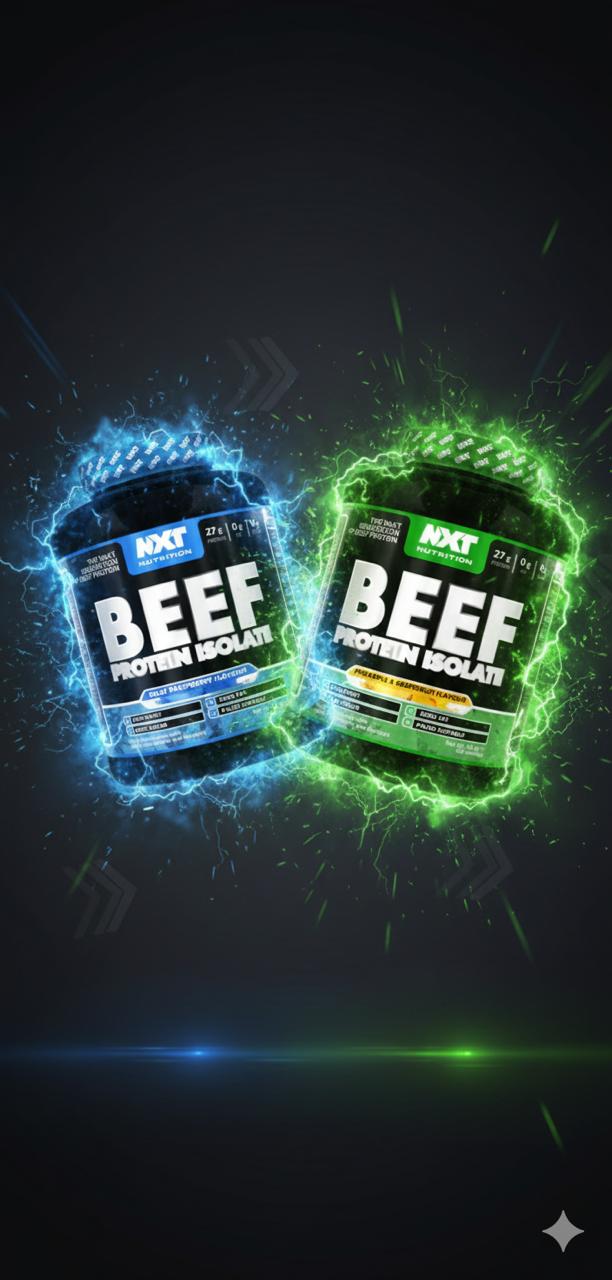 NXT Beef Protein Isolate – botes blau i verd, proteïna de vedella premium